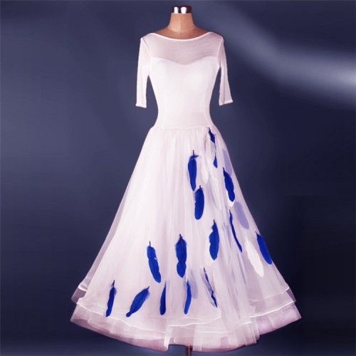Royal blue turquoise white feather long length competition professional women's girl's ballroom tango waltz dancing dresses